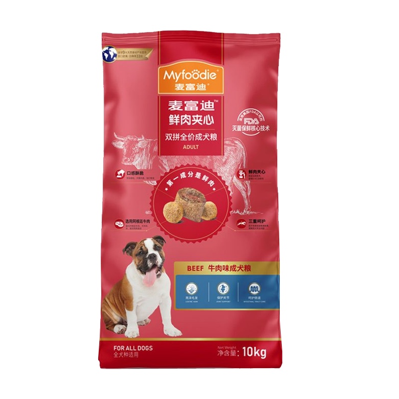 麦富迪牛肉夹心狗粮10kg通用型成犬粮牛肉夹心双拼大小型犬金毛狗泰迪狗粮