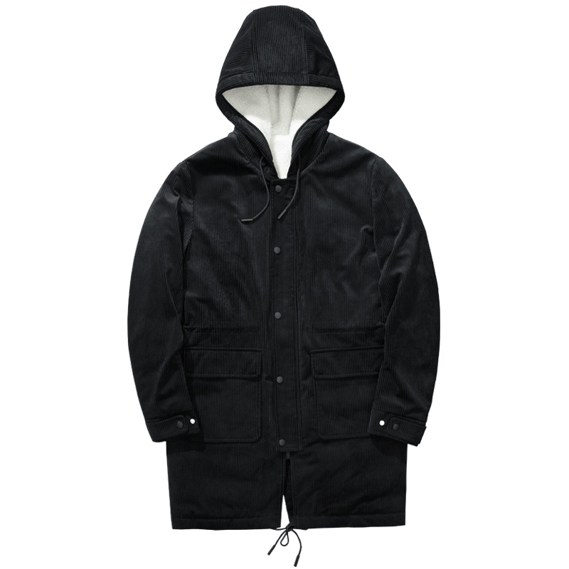 千纸鹤青年男士连帽中长款羽绒服冬季新品撞色灯芯绒外套男60189