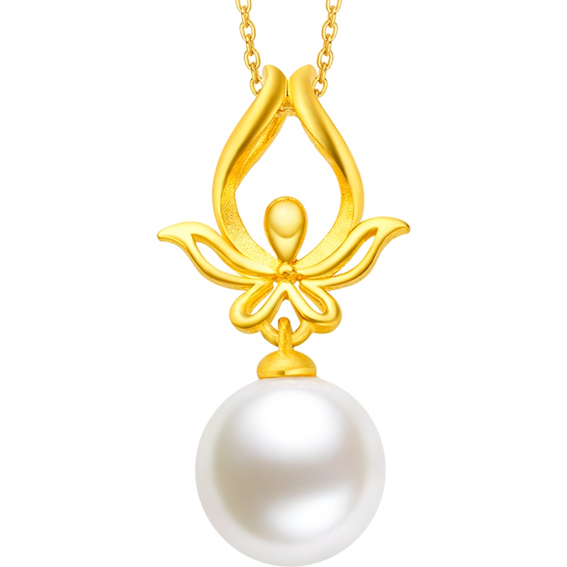 「新款」周大福珠宝首饰盘扣系列蝴蝶扣足金黄金珍珠吊坠R23719