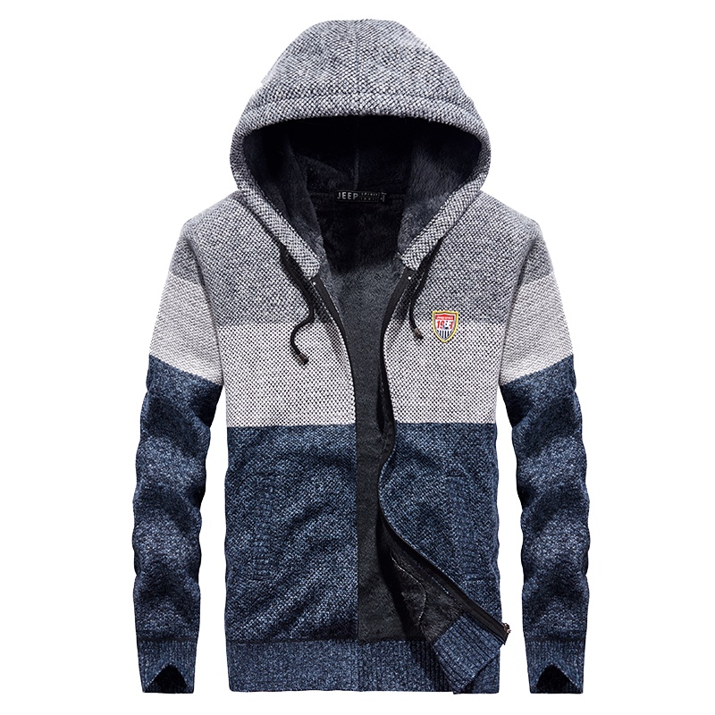 jeep/吉普2019青年休闲拼色毛衣男时尚休闲加绒加厚连帽开衫毛衣针织衫19MB562SW9058