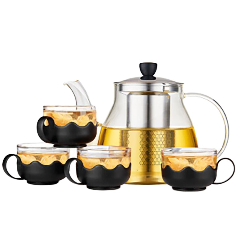 WQLQ紫丁香食品级无铅加厚耐高温高硼硅玻璃茶壶套装 970ML壶+莲花杯*4(S812+S103-4)