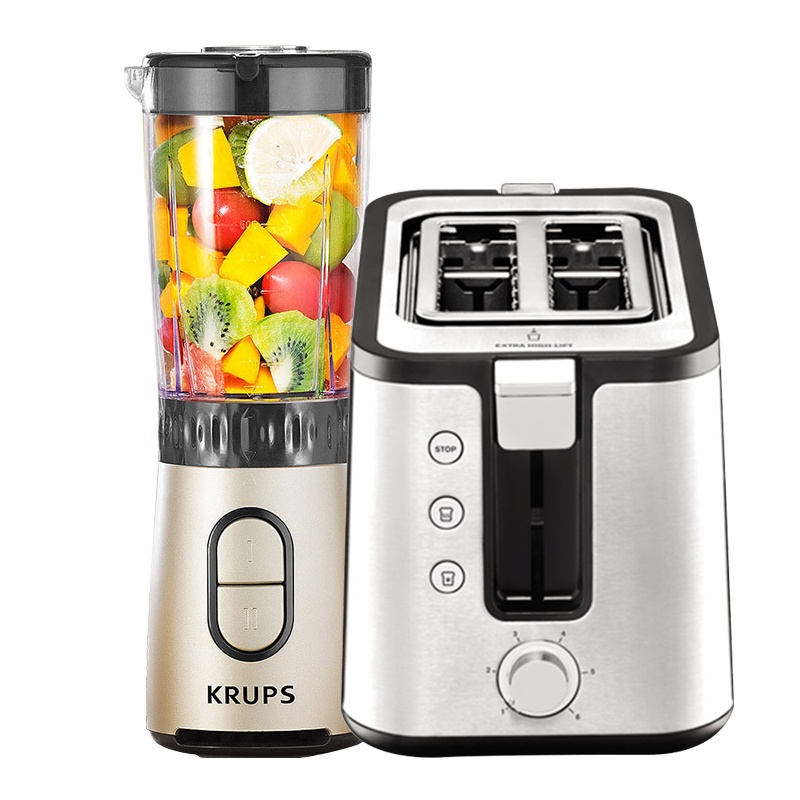 Krups迷你搅拌机家用果蔬榨汁机干磨绞肉辅食机多士炉家用全自动多功能早餐机西式早餐加热烤面包烤土司机两件套