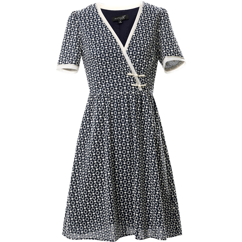 欧昵雪夏季小众V领复古盘扣碎花连衣裙女收腰显瘦a字短裙
