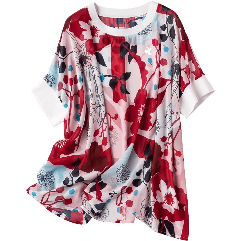 恒源祥圆领短袖印花雪纺T恤女装中年宽松上衣夏季新款妈妈装