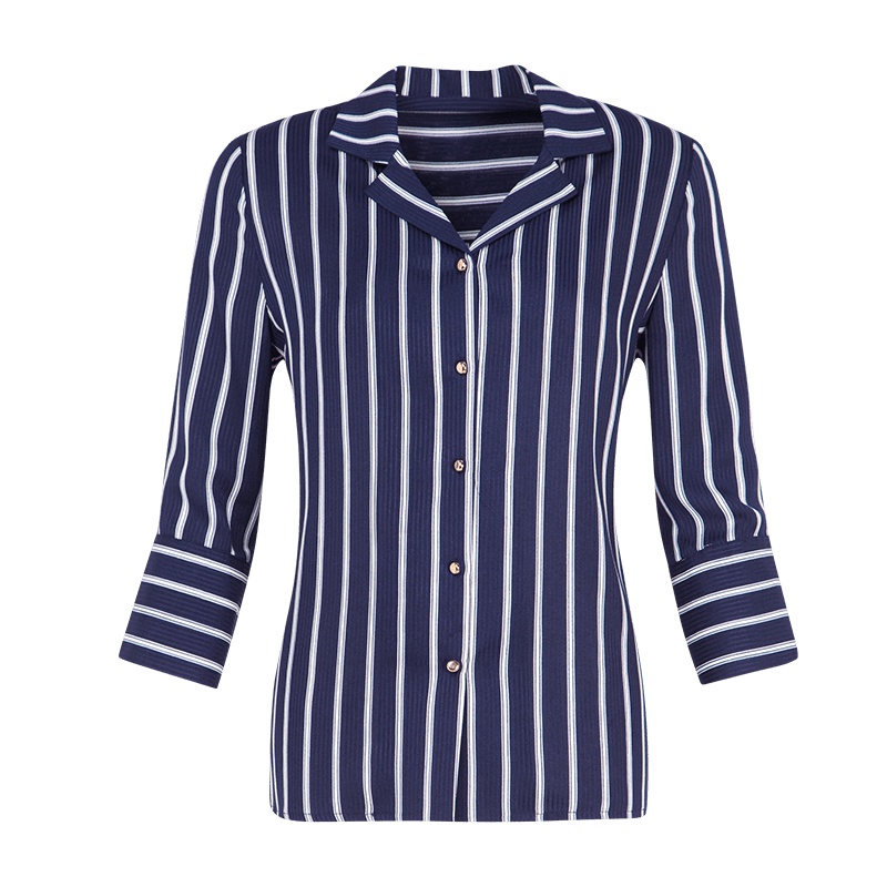 晚白女上装2019春季新品通勤职业百搭翻领单排扣条纹长袖上衣衬衫