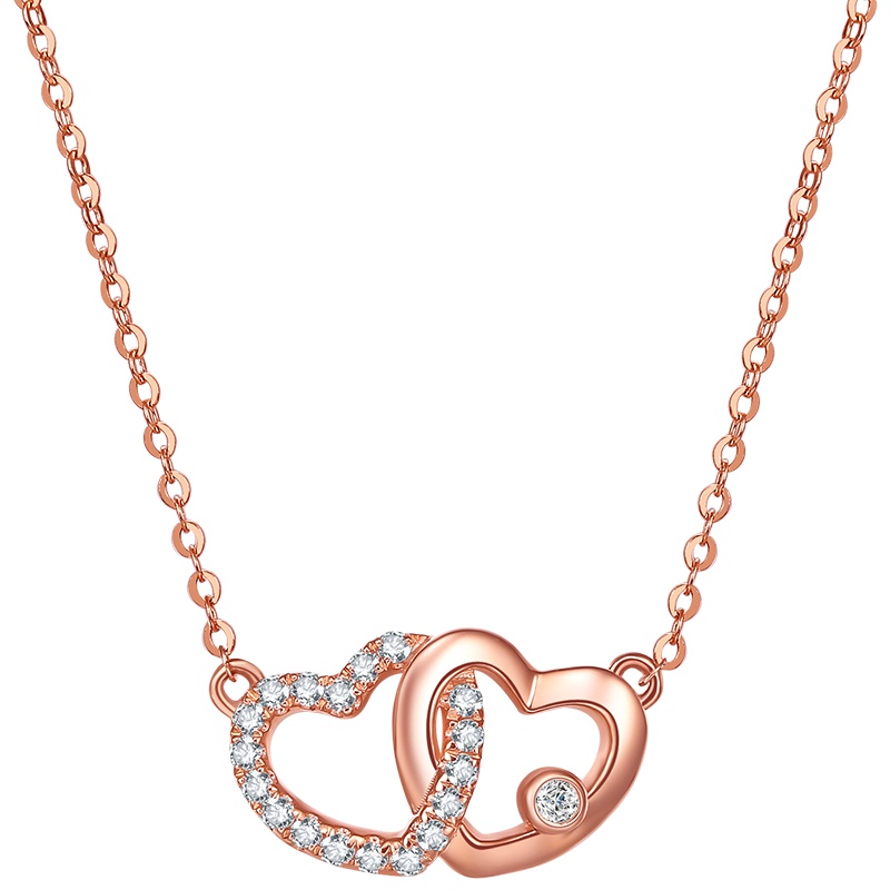 周六福玫瑰18K金双心钻石套链1104
