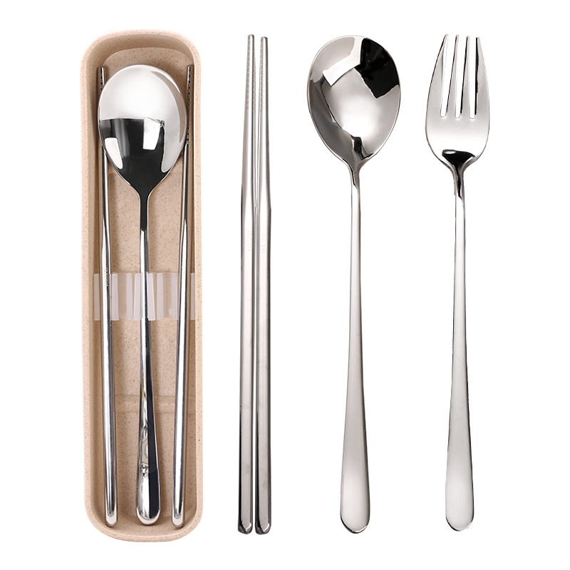 鸣順(Mingshun)便携餐具套装家用成人韩式304筷勺刀叉创意学生可爱不锈钢餐具三件套 荞麦色