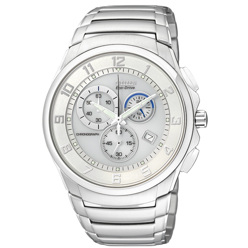 西铁城(CITIZEN)手表男士日本光动能钢带防水休闲时尚 白盘三眼日历男士腕表AT0690-55A