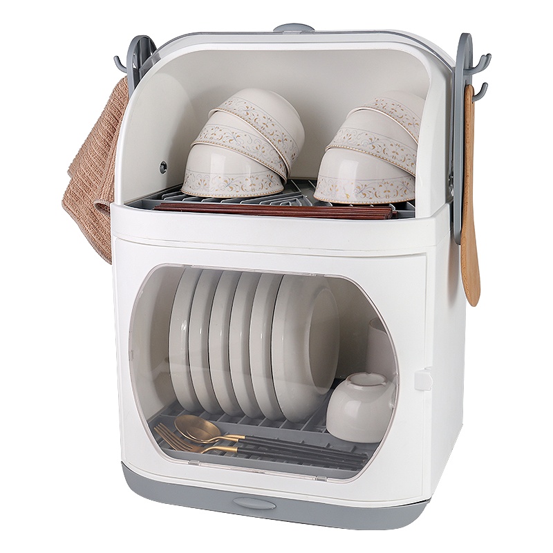 拜杰沥水碗架餐具收纳盒塑料碗柜碗碟架子家用厨房置物架碗筷收纳盒筷子架勺子架白色双层带盖大容量加厚双层碗碟架