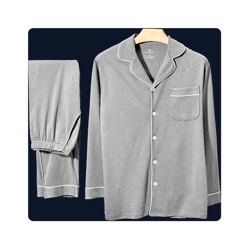 七匹狼100%棉开襟睡裤男女士睡衣家居服男女长袖套装春秋纯棉两件套