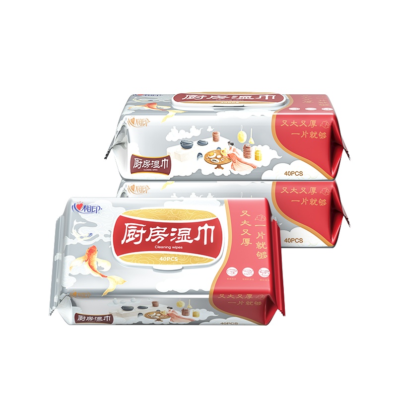 心相印厨房湿巾带盖重复抽取去油污湿纸巾家庭装40抽3包