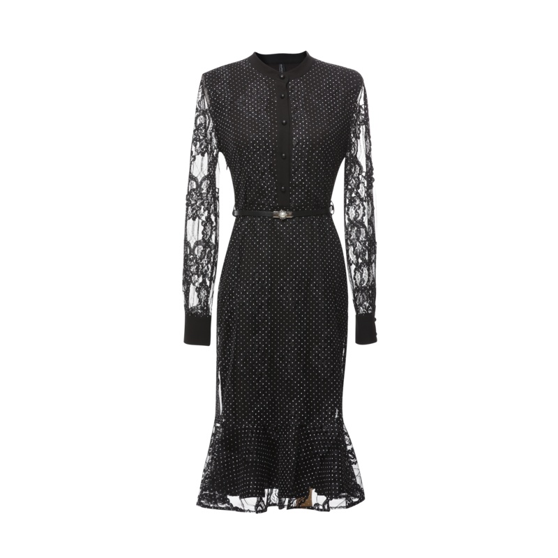 欧昵雪秋装套头立领收腰波点蕾丝连衣裙女镂空长袖鱼尾裙