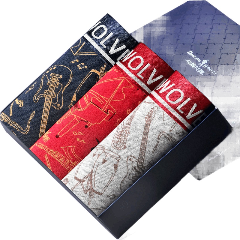 与狼共舞男士内裤 男棉质平角内裤 中腰青年四角裤 三条盒装