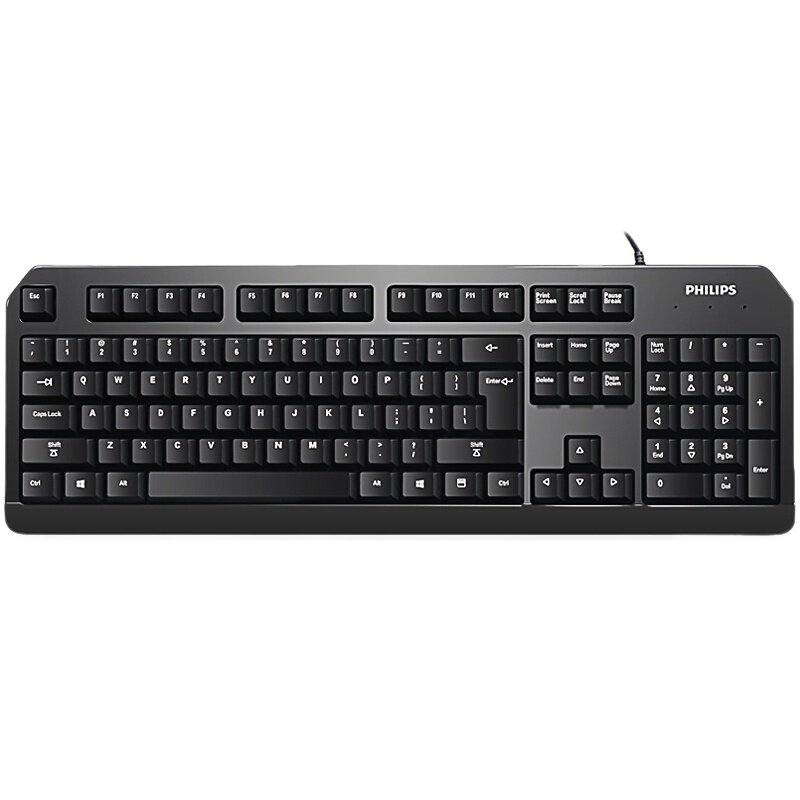 飞利浦(PHILIPS)SPK6212B 键盘 有线键盘 办公键盘 104键 机械茶轴手感 钢琴烤漆 薄膜键盘 黑色 自