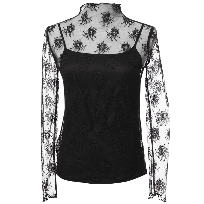 OUNIXUE欧昵雪 | 秋冬季透视蕾丝长袖上衣半高领套头+内衬打底衫气质蕾丝衫女