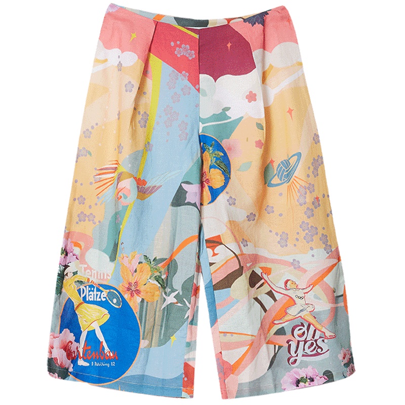 马克华菲女装2019夏休闲时尚印花七分裤 韩版宽松阔腿裤
