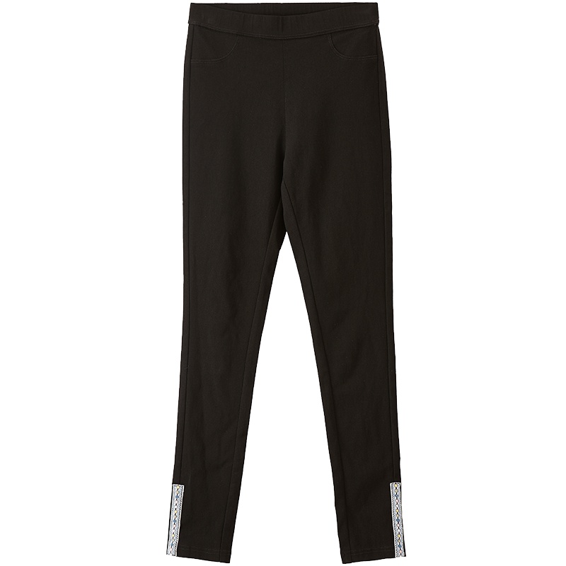 茵曼2019秋季新款时尚绣花紧身显瘦黑色打底裤女外穿松紧腰长裤潮