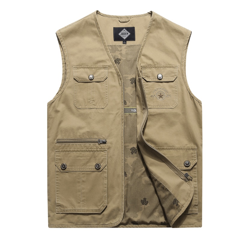 JEEP/吉普多口袋纯棉马甲男士大码坎肩男装春秋钓鱼摄影休闲马甲工装修身大码无袖四季百搭上衣
