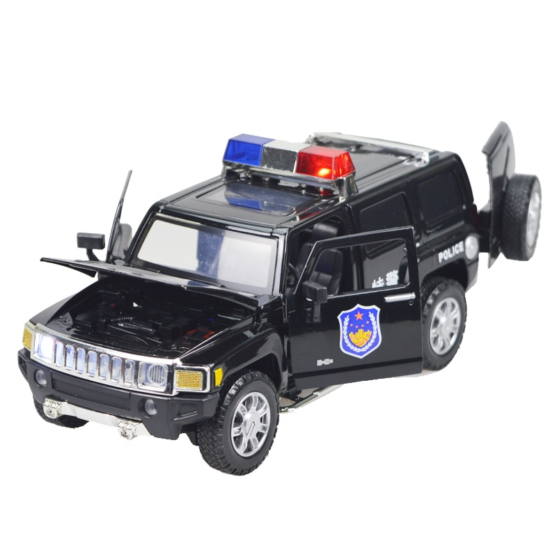 彩珀悍马H3警车特警越野车合金声光回力儿童玩具车模型1:24