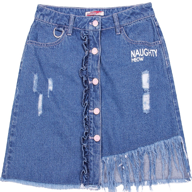 a02商场同款潮流印花破洞流苏不对称A字牛仔短裙女D1T3D0601SK