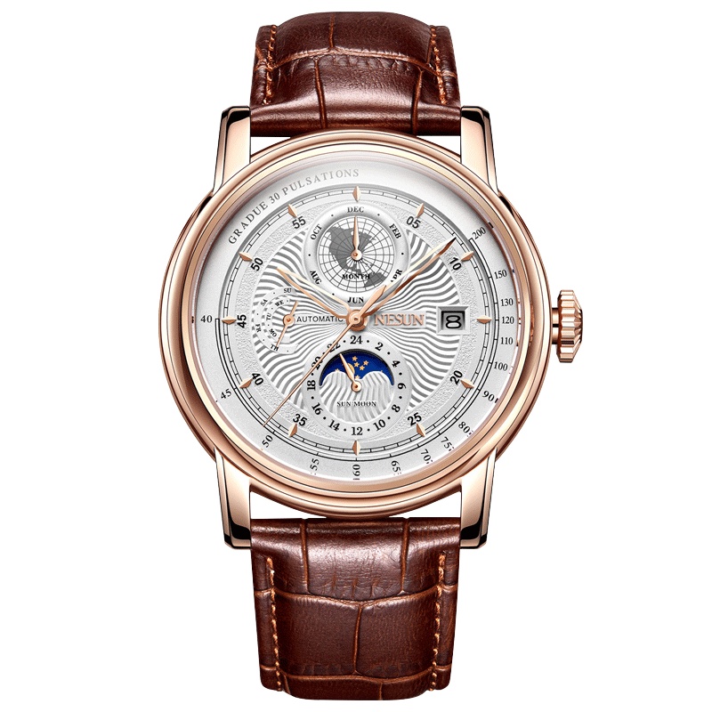 新款正品尼尚NESUN手表男全自动机械表 男士多功能真皮时尚防水男表双边月窗栅格背透日月星辰六针设计MN9022