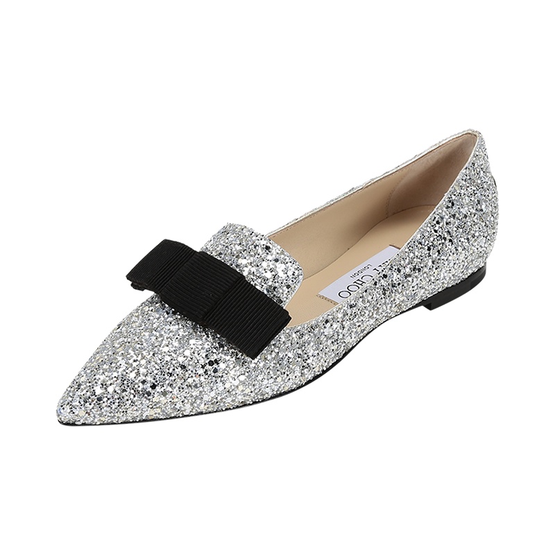 周仰杰 JIMMY CHOO 女士 闪光面料蝴蝶结饰带尖头平底鞋GALA CGF 194