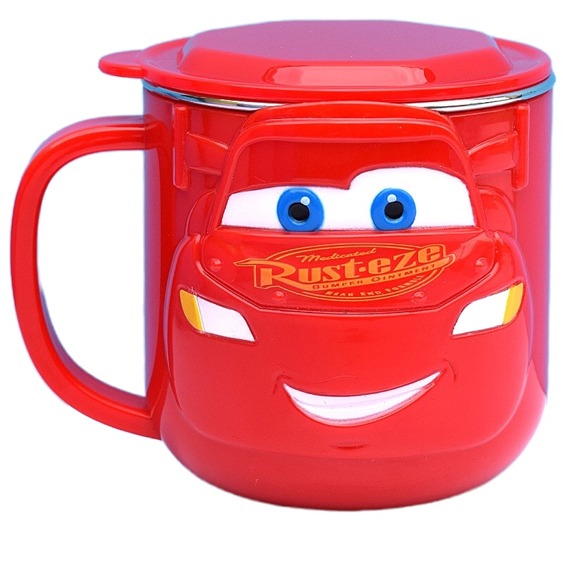 迪士尼男女宝宝幼儿童餐具水杯家用牛奶杯幼儿园不锈钢口杯防摔喝水杯子带盖250ML-闪电麦昆3D造型杯