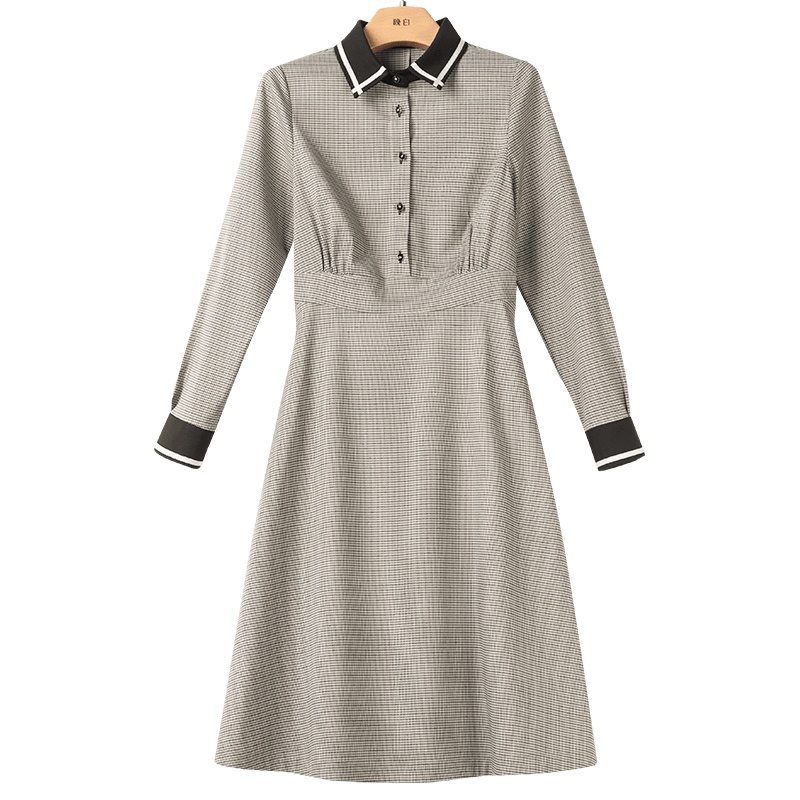 晚白 2020春季新品时尚通勤复古格子POLO领收腰显瘦减龄衬衫连衣裙女