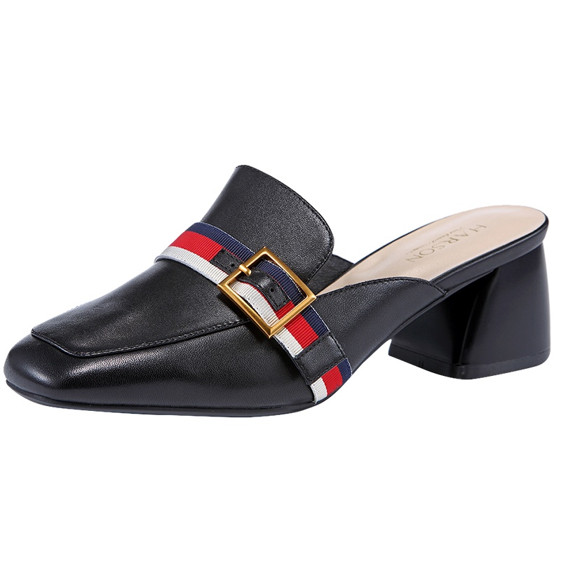 HARSON/哈森 方头软面皮金属装饰女鞋低跟粗跟穆勒鞋HM88410