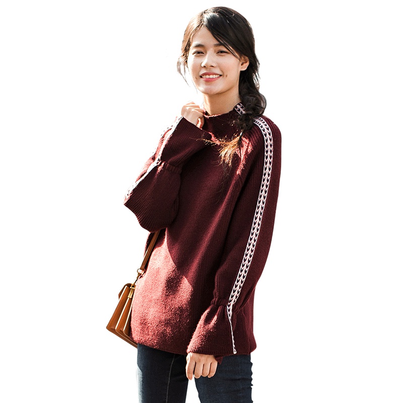 茵曼女装春秋半高领插肩喇叭袖宽松套头毛衣女