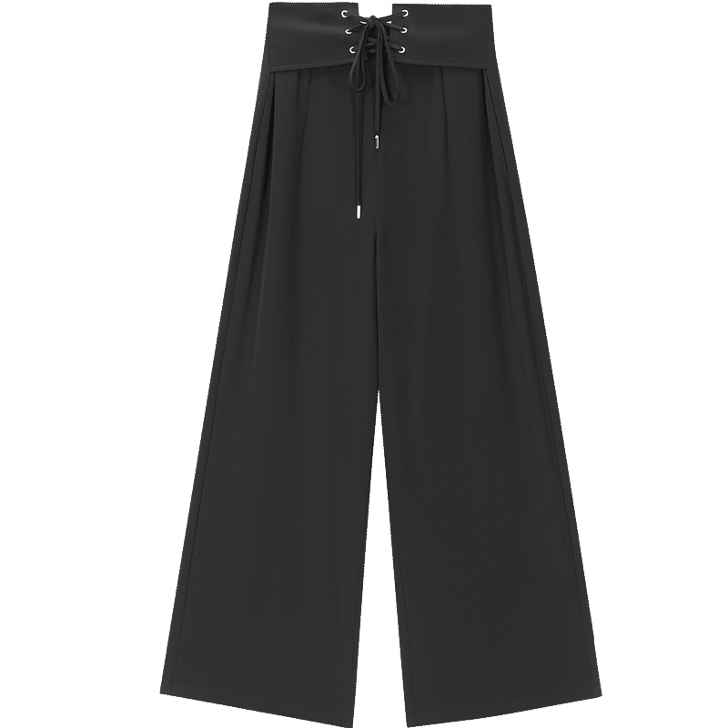 2019爱居兔春季女装黑色腰部系绳式阔腿裤