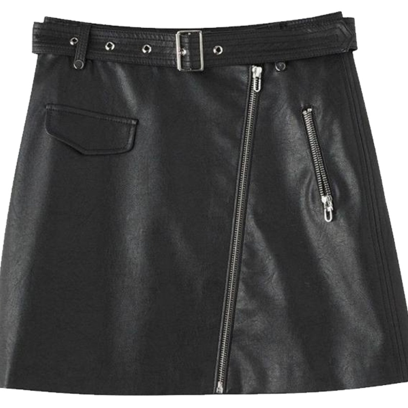 【热卖】7M百搭时尚潮流显瘦学生短裙不规则拉链PU半身裙70011630