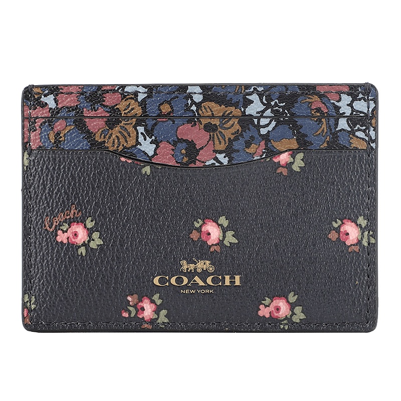 COACH 蔻驰 奢侈品 欧美时尚横款女士钱包藏青色印花皮革卡包卡夹