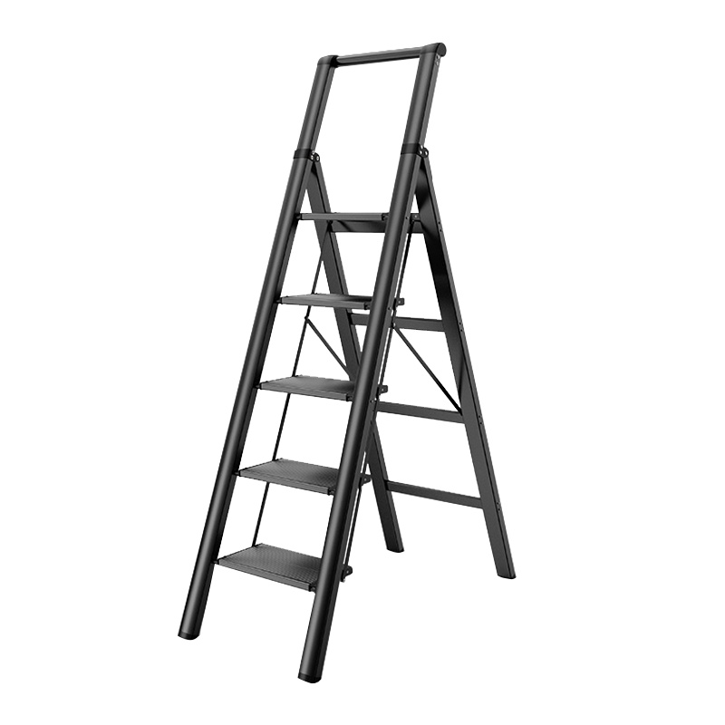 肯泰家用多功能折叠梯子加厚铝合金豪华人字梯室内花架梯带扶手置物架4步黑色