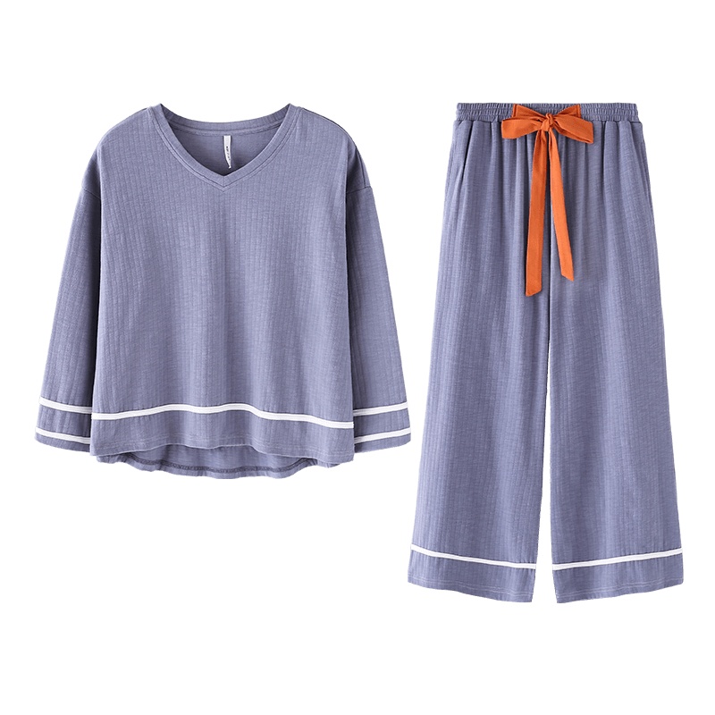 安之伴睡衣女春季V领套装针织家居服