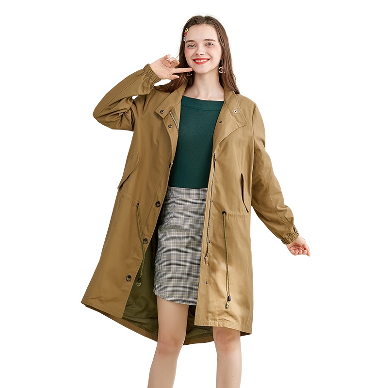 美丽衣橱军绿色外套女2019秋新款时尚绣花收腰系带开叉中长风衣