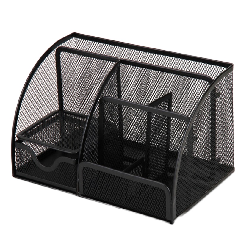 得力(deli) 金属网纹办公笔筒 多功能七格桌面收纳摆件 办公用品 黑色9200