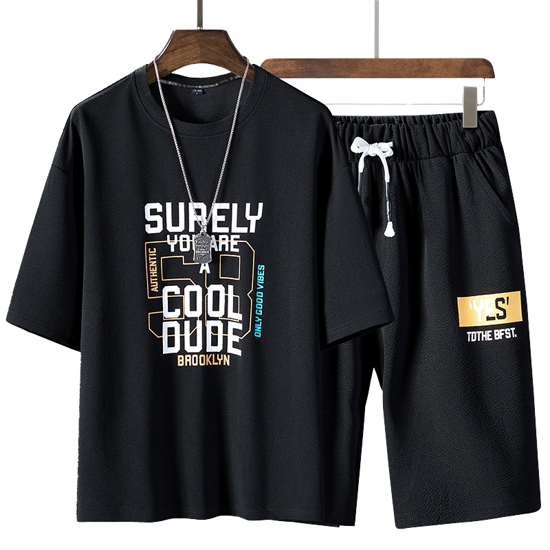 俞兆林(YUZHAOLIN)潮牌短袖t恤男夏季韩版潮流薄款宽松休闲套装体恤五分袖