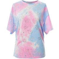 欧昵雪夏季圆领扎染爱心字母印花宽松T恤女ins小众上衣