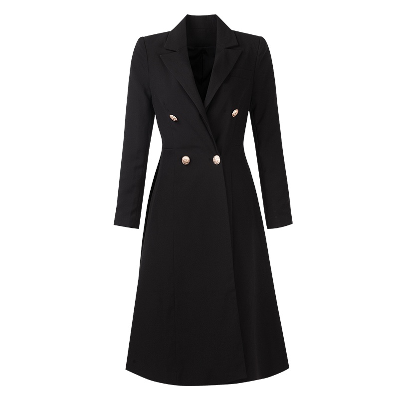 晚白2020春新品通勤百搭纯色翻领双排扣长袖中长款西装外套风衣女