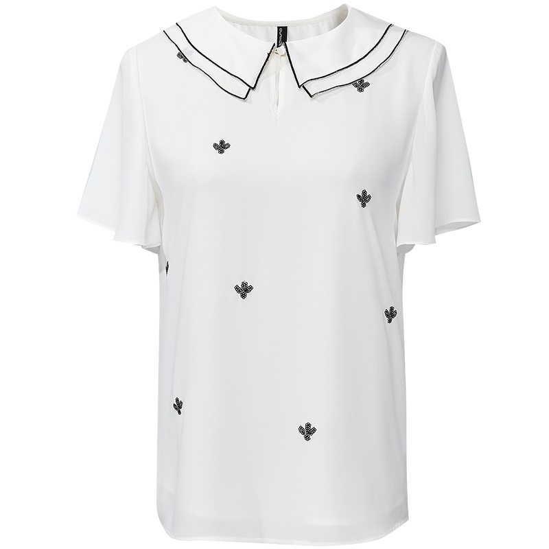 欧昵雪撞色飞飞袖直筒雪纺衫女珠片绣短袖上衣