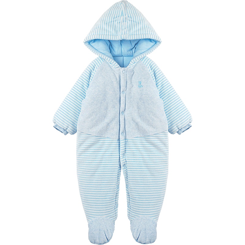 婴姿坊男童女童休闲加厚连体衣条 纹拼接连帽新生儿爬爬服秋新款 多色可选