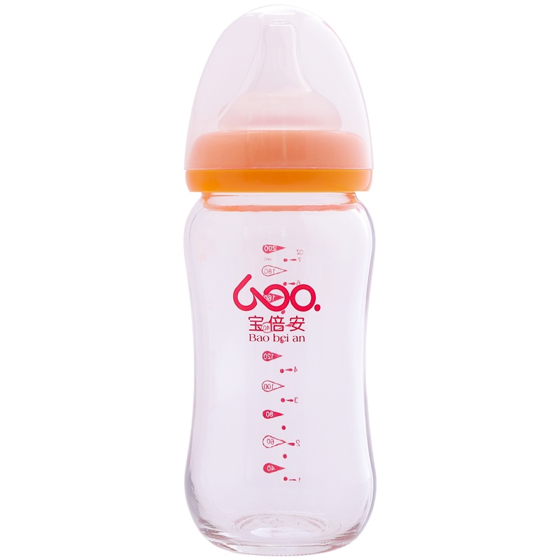 宝倍安(Bao bei an)宽口径 耐热玻璃防胀气奶瓶 橙色200ml 十字奶嘴 建议3个月+宝宝使用 赠备用瓶体