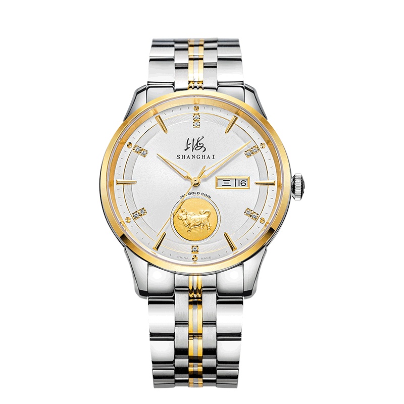 上海(SHANGHAI)手表男士牛年纪念系列牛转乾坤全自动机械表885男士钢带手表国产腕表