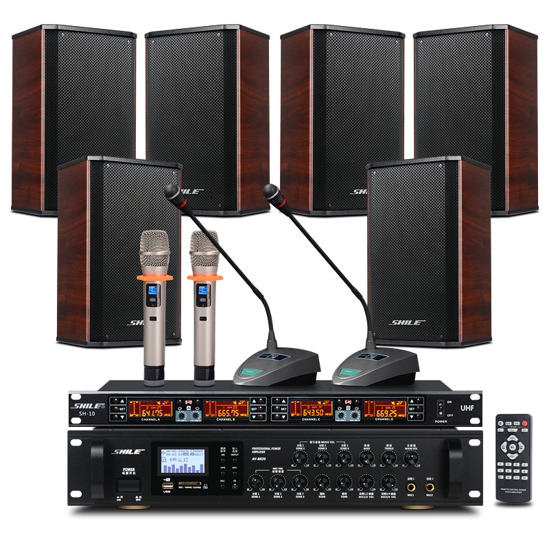 狮乐会议室音响组合套装(功放+壁挂音箱)培训/超市/无线蓝牙无线话筒套餐 8820+BX-108红*6+SH10