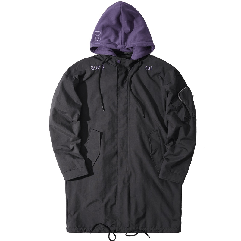 黑鲸带领连帽风衣秋季男装中印花装饰长款夹克男CWFAJ38028A