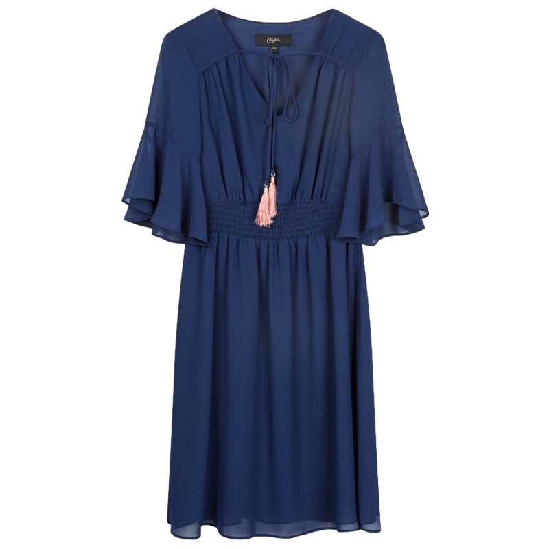 拉夏贝尔拉夏贝尔女夏季新款冷淡风连衣裙雪纺荷叶边韩版V领高腰a字裙