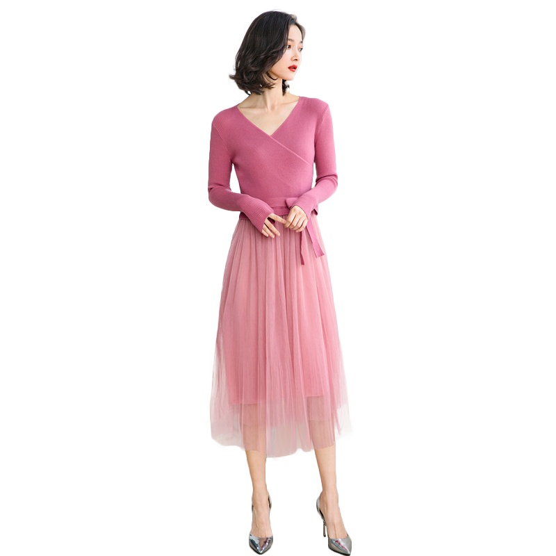 丝柏舍2019秋季女装时尚简约V领纯色长袖中长连衣裙S93D0024L