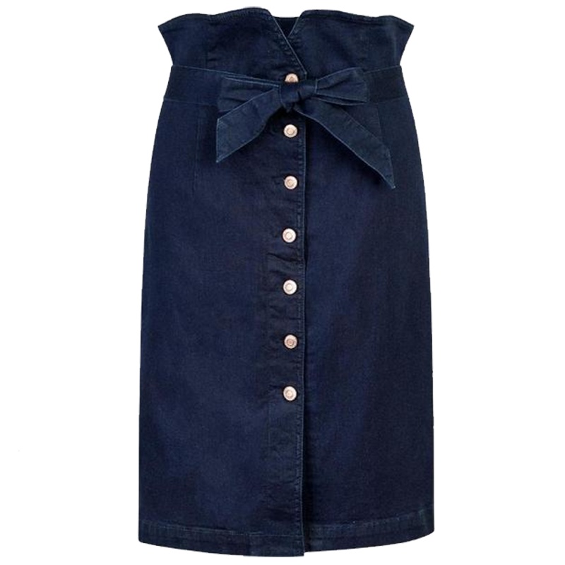 【热卖】高腰牛仔裙子拉夏贝尔2018春新款中长收腰蝴蝶结包臀半身裙女士10017035