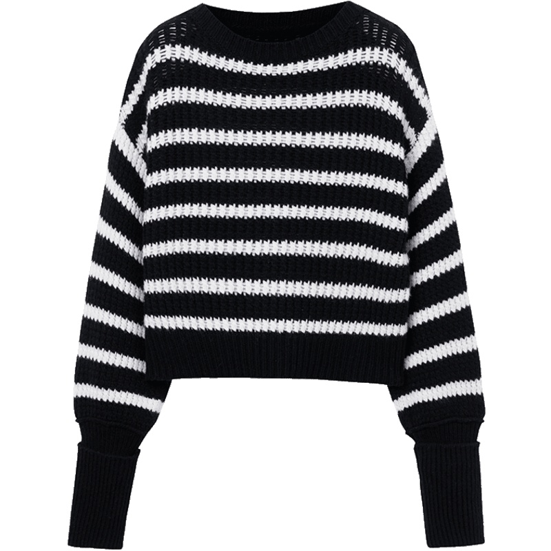 ERDOS 一字领黑白条纹宽松落肩袖女针织衫夹条粗针羊绒衫温暖舒适